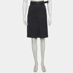 Pre Owned تنورة برادا ميني بحزام تويل أزرق كحلي مقاس كبير