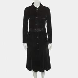 Pre Owned Prada Black Velvet Belted Midi Dress S