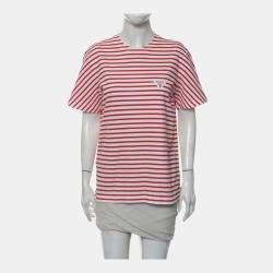 Pre Owned تي شيرت برادا قطن مخطط بالشعار أحمر وأبيض