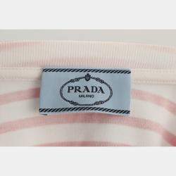 Pre Owned تي شيرت برادا قطن مخطط بالشعار أحمر وأبيض