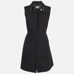 مملوكة مسبقًا معطف برادا صوف أسود بياقة مزينة بدون أكمام مقاس صغير (S)