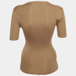 Pre Owned Prada Brown Logo Intarsia Silk Rib Knit Top S