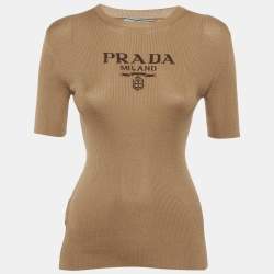 مملوكة مسبقًا Prada Brown Logo Intarsia Silk Rib Knit Top S