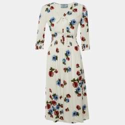 مملوكة مسبقًا Prada White Floral Printed Crepe Midi Dress S