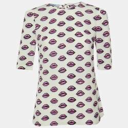 مملوكة مسبقًا Prada White Lip Printed Crepe Top S