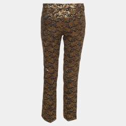 Pre Owned Prada Navy Blue/Gold Floral Jacquard Straight Leg Trousers S