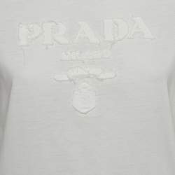 Pre Owned Prada White Logo Appliqué Distressed Jersey T-Shirt XS