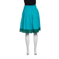 Pre Owned Prada Blue Cotton Contrast Silk Trim Detail Pleated Skirt M