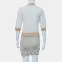 مملوكة مسبقًا Prada Logo Beige/White Cotton Short Sleeve Knit Cardigan Size S