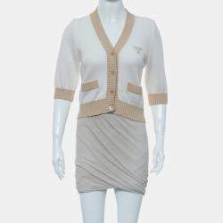 مملوكة مسبقًا Prada Logo Beige/White Cotton Short Sleeve Knit Cardigan Size S