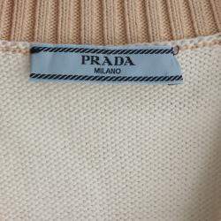 مملوكة مسبقًا Prada Logo Beige/White Cotton Short Sleeve Knit Cardigan Size S
