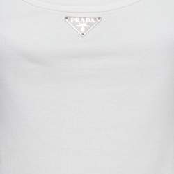 Pre Owned Prada White Ribbed Knit Triangle Logo Plaque Jersey Tank Top XS