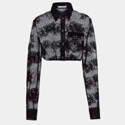 مملوكة مسبقًا Prada Black Floral Lace Sheer Buttoned Crop Top S
