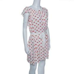 Pre Owned Prada White and Red Lip Print Pleated Waist Tie Detail Dress S