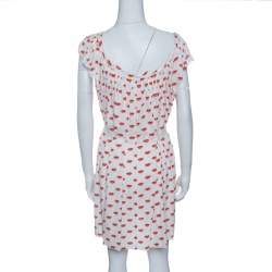 Pre Owned Prada White and Red Lip Print Pleated Waist Tie Detail Dress S