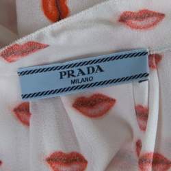 Pre Owned Prada White and Red Lip Print Pleated Waist Tie Detail Dress S