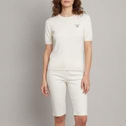 مملوكة مسبقًا Prada Cream Logo Intarsia Knit Short Sleeve Top S