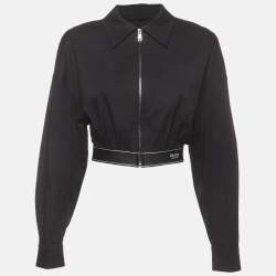 Pre Owned Prada Black Stretch Poplin Logo Band Cropped Jacket M 