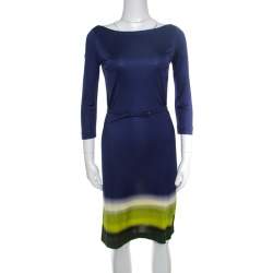 Prada Multicolor Silk Jersey Long Sleeve Belted Dress S