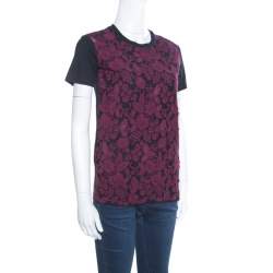 Prada Black and Wine Floral Lace Applique Detail Cotton Crew Neck T Shirt XS