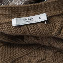 Pre Owned Prada Brown Metallic Coated Cable Knit Wool and Cashmere Cardigan S