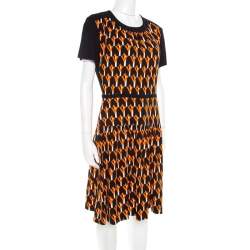 Pre Owned Prada Black and Orange Geometric Printed Crepe Short Sleeve Dress M