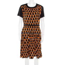 Pre Owned Prada Black and Orange Geometric Printed Crepe Short Sleeve Dress M