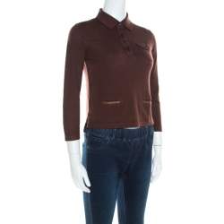 Prada Brown Silk and Wool Rib Knit Leather Patch Detail Polo T- Shirt M