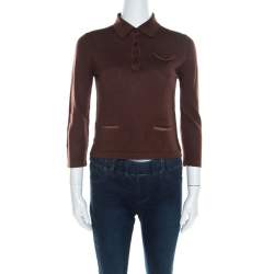 Prada Brown Silk and Wool Rib Knit Leather Patch Detail Polo T- Shirt M