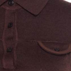 Prada Brown Silk and Wool Rib Knit Leather Patch Detail Polo T- Shirt M