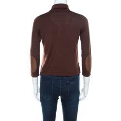 Prada Brown Silk and Wool Rib Knit Leather Patch Detail Polo T- Shirt M