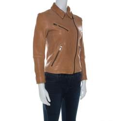 Prada Beige Lamb Leather Zip Front Biker Jacket S