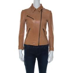 Prada Beige Lamb Leather Zip Front Biker Jacket S