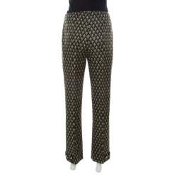 Pre Owned Prada Green Geometric Pattern Silk Embellished Hem Detail Trousers M 