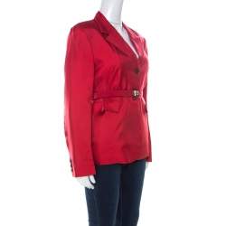 Prada Crimson Red Silk Belted Tailored Jacket L 