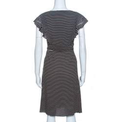 Pre Owned Prada Black and White Crepe Illusion Stripe Butterfly Sleeve Dress M