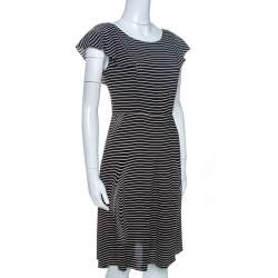 Pre Owned Prada Black and White Crepe Illusion Stripe Butterfly Sleeve Dress M