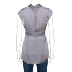 Prada Grey Silk Draped Front Short Sleeve Tunic Top M 