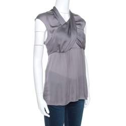 Prada Grey Silk Draped Front Short Sleeve Tunic Top M 