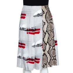 Prada White Printed Crepe Python Skin Trim Pleated Skirt L