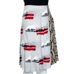 Prada White Printed Crepe Python Skin Trim Pleated Skirt L