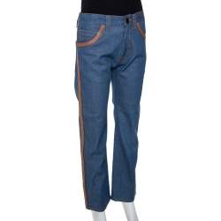 Pre Owned Prada Blue Denim Leather Trim Straight Leg Jeans S