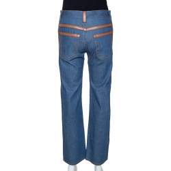 Pre Owned Prada Blue Denim Leather Trim Straight Leg Jeans S