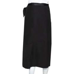 Pre Owned Prada Black Crepe Bow Detail Belted Midi Skirt S