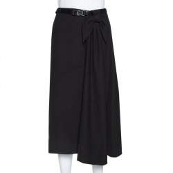 Pre Owned Prada Black Crepe Bow Detail Belted Midi Skirt S