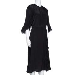 Prada Black Silk Lace Trim Ruffled Midi Dress M