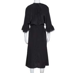 Prada Black Silk Lace Trim Ruffled Midi Dress M