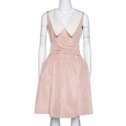 Pre Owned Prada Pale Peach Silk Faille Belted Flared Dress S