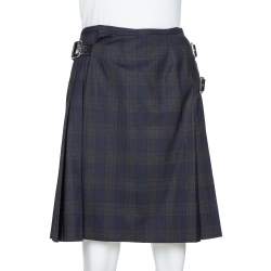 Pre Owned Prada Black Plaid Wool Blend Buckled Wrap Skirt S