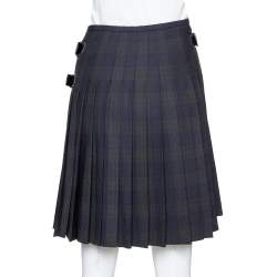 Pre Owned Prada Black Plaid Wool Blend Buckled Wrap Skirt S